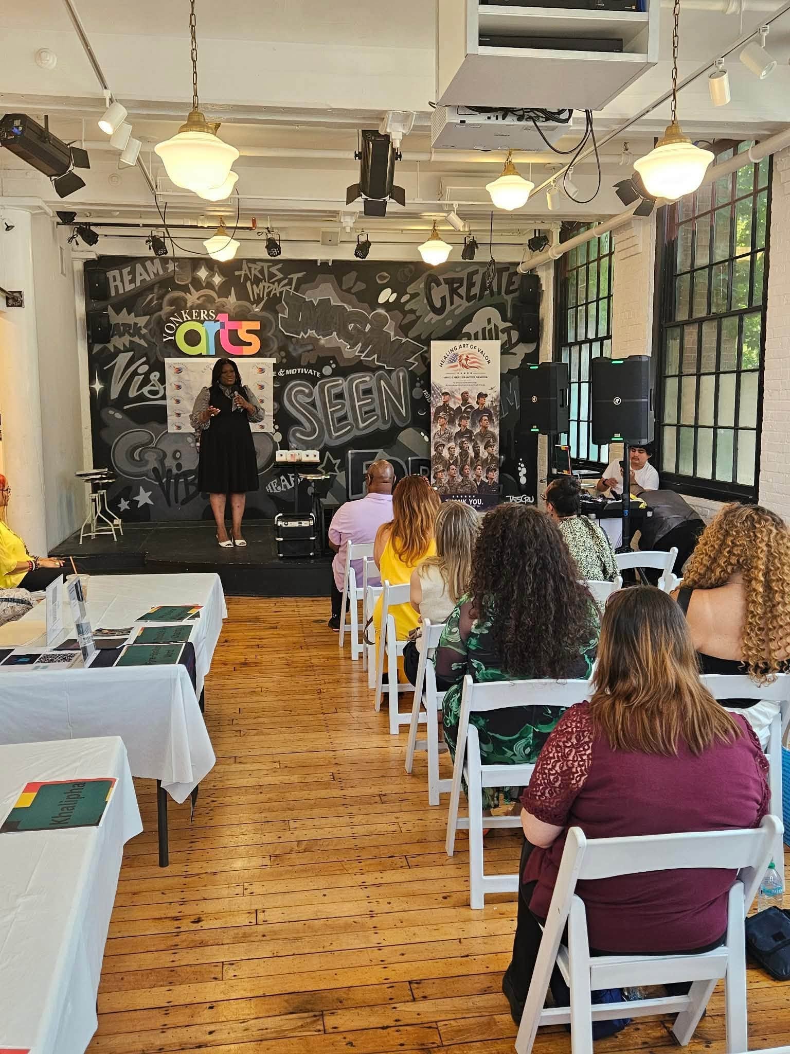 Full room view of fundraiser event at Yonkers Arts