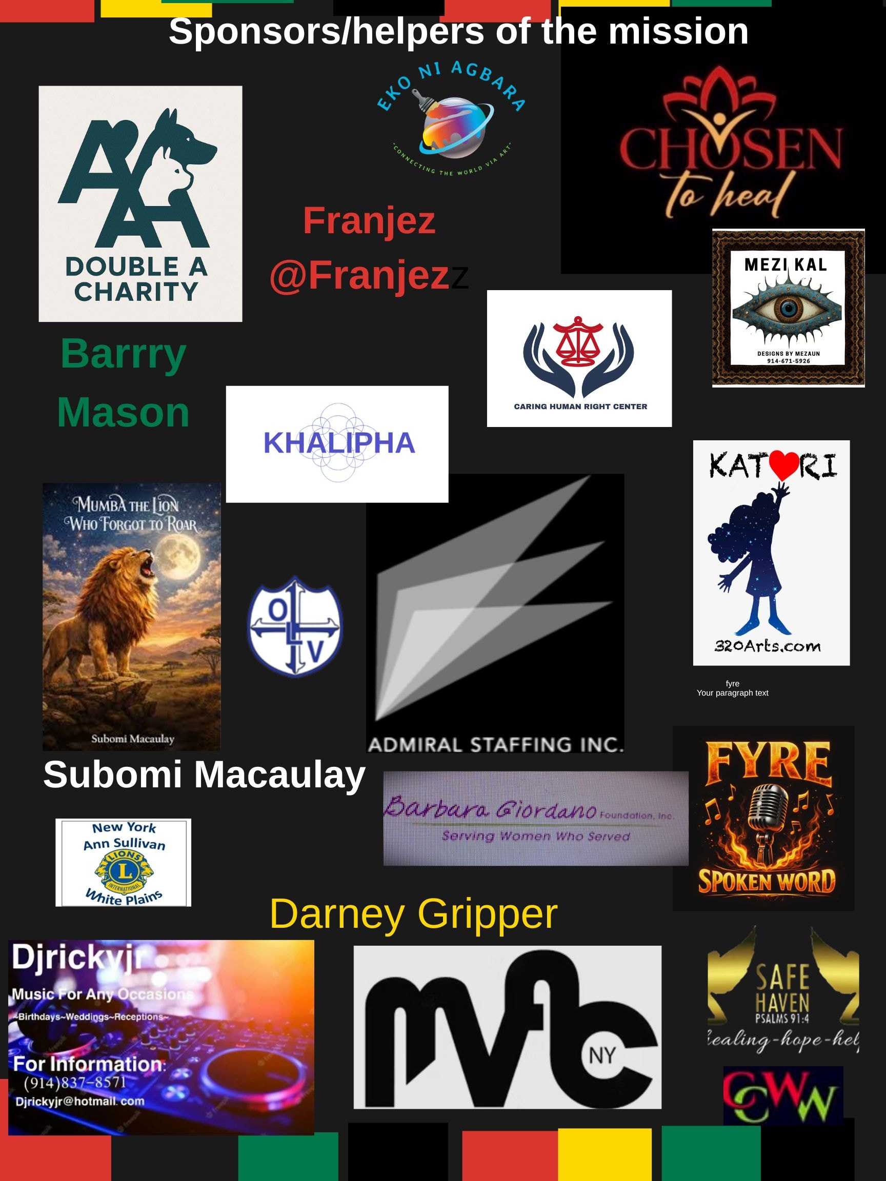 Sponsors and helpers of the Eko ni Agbara mission — featuring Double A Charity, Khalipha, Admiral Staffing Inc., Barbara Giordano Foundation, and many more.